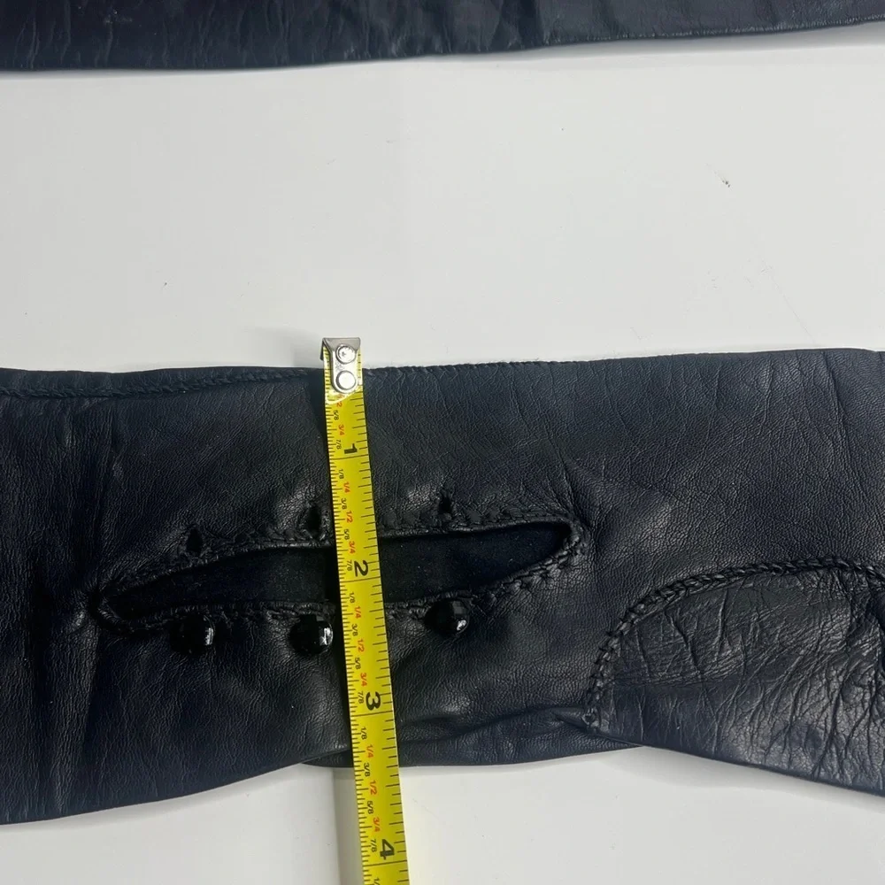 Black 20” Leather Sz 6 Opera Length Gloves Black Crystal Buttons Palm Opening